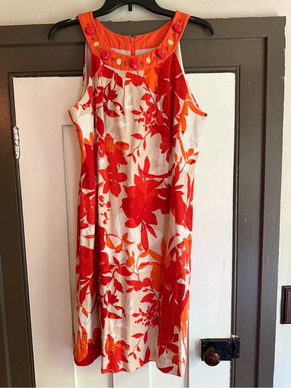 Jessica Howard Red & Orange Floral Midi Dress with Embellished Neck